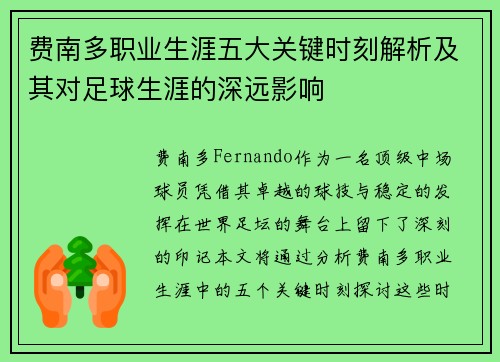费南多职业生涯五大关键时刻解析及其对足球生涯的深远影响